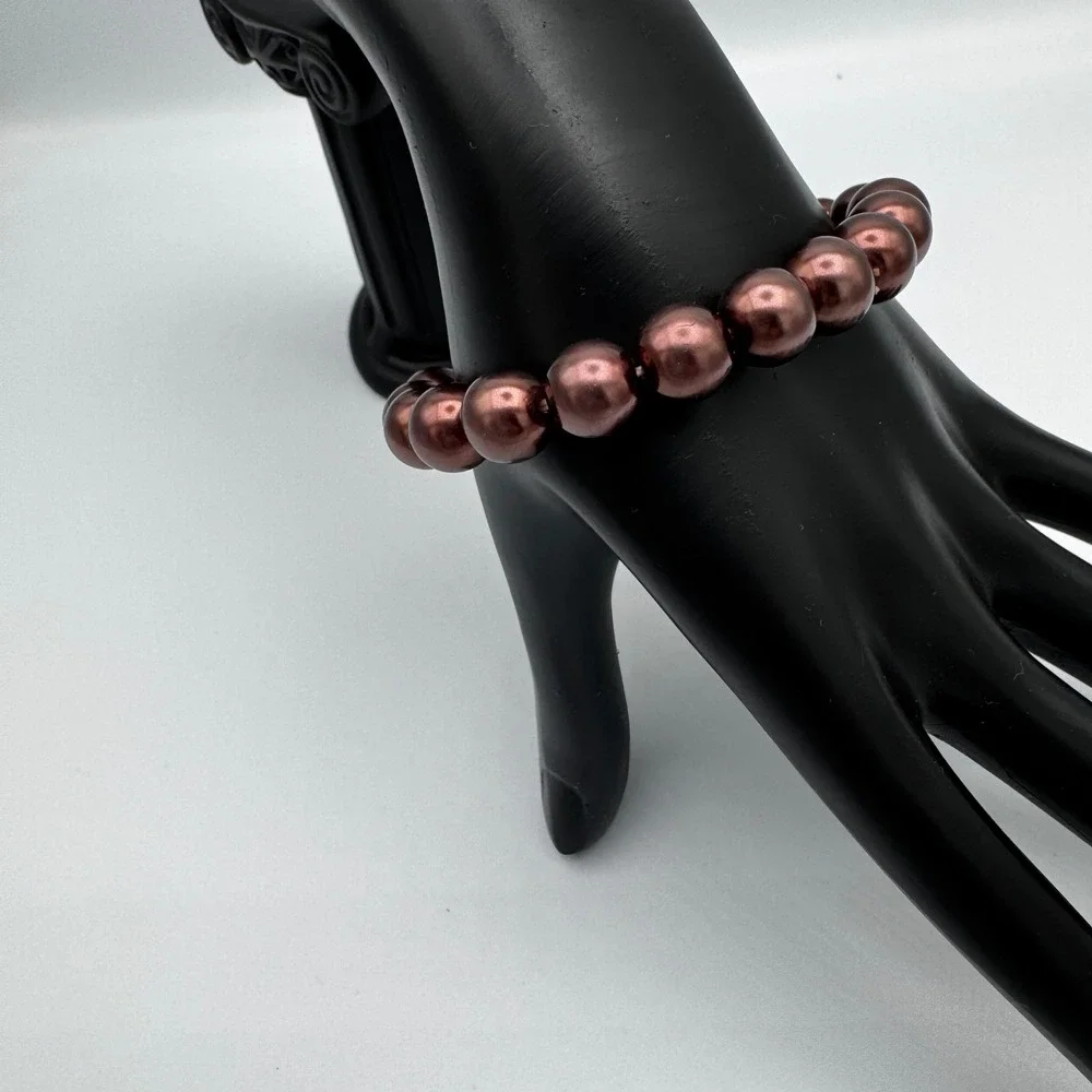 Bronze Tone Faux Pearl‎ Bracelet Jewelry Stretch Bangle 26g Unique